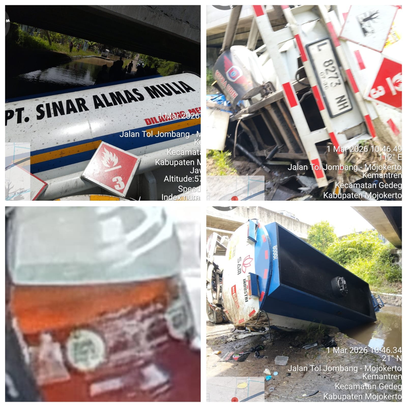 Diduga kelebihan muatan tangki biru putih milik PT. Sinar Almas Mulia terjun bebas kedalam sungai.