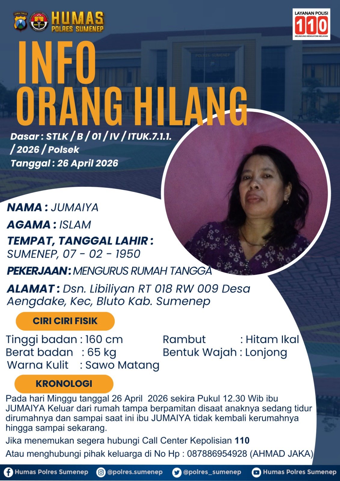 LANSIA DI SUMENEP DILAPORKAN HILANG, KELUARGA MINTA BANTUAN MASYARAKAT