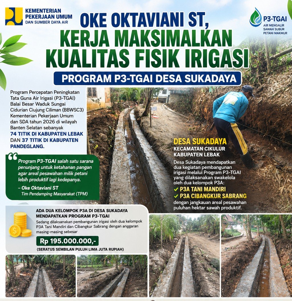 Oke Oktaviani ST,Kerja Maksimalkan Kualitas Fisik Irigasi Program  P3-TGAI Desa Sukadaya