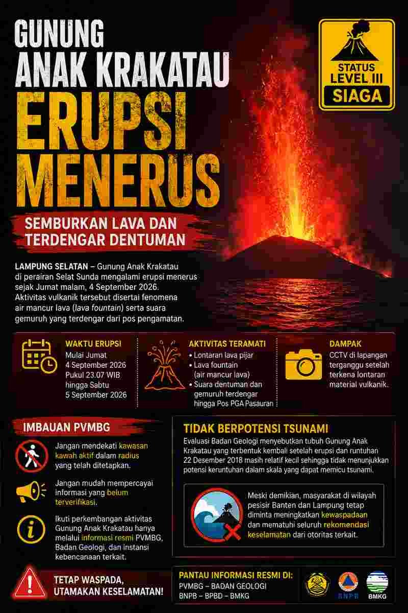 Gunung Anak Krakatau Erupsi Menerus, Getaran Terasa hingga Labuan Pandeglang, Rumah Warga Bergetar
