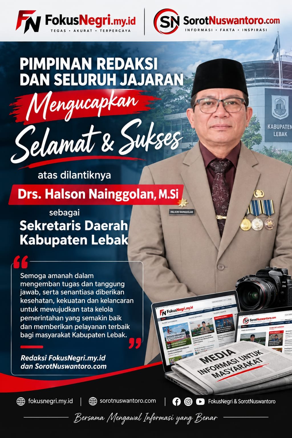 Halson Nainggolan Resmi Jadi Sekda Lebak, SorotNuswantoro Sampaikan Ucapan Selamat
