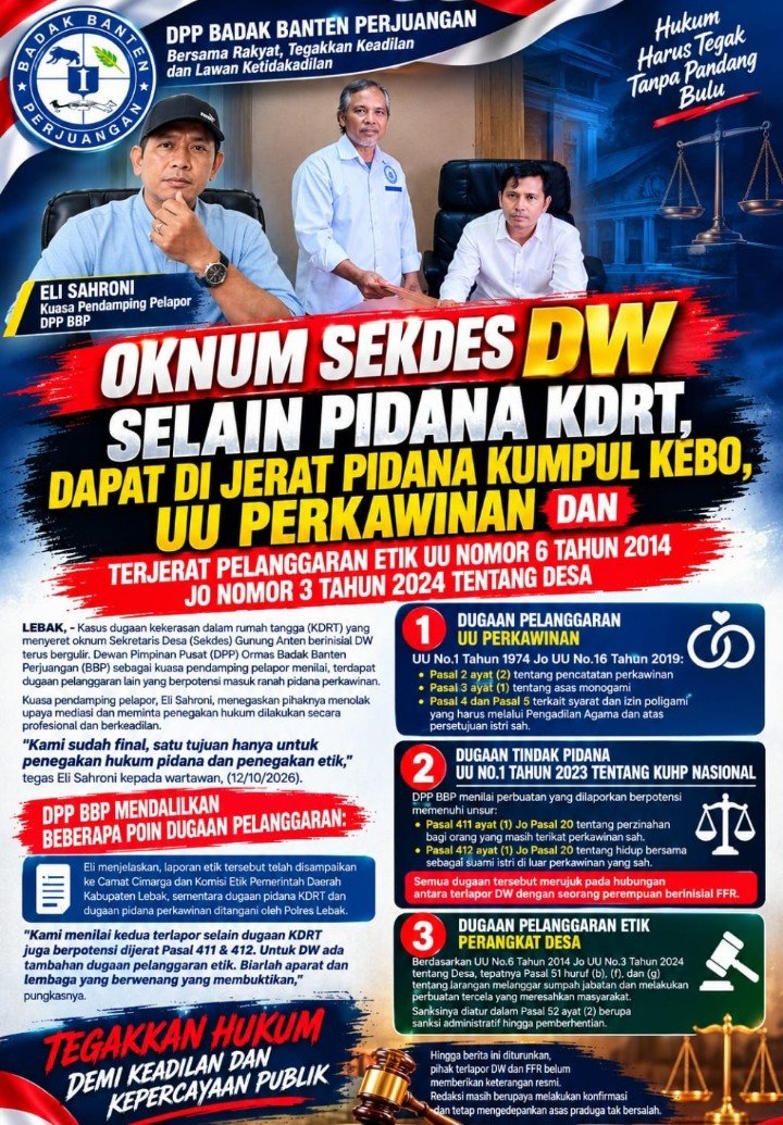 Oknum Sekdes DW Selain Pidana KDRT, Dapat Di Jerat Pidana Kumpul Kebo, UU Perkawinan 