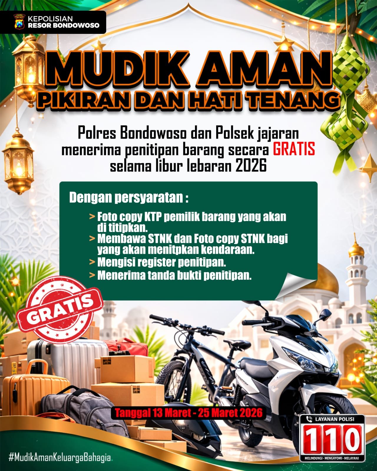 Mudik Tenang Barang Aman : Polres Bondowoso Buka Layanan Penitipan Kendaraan Gratis