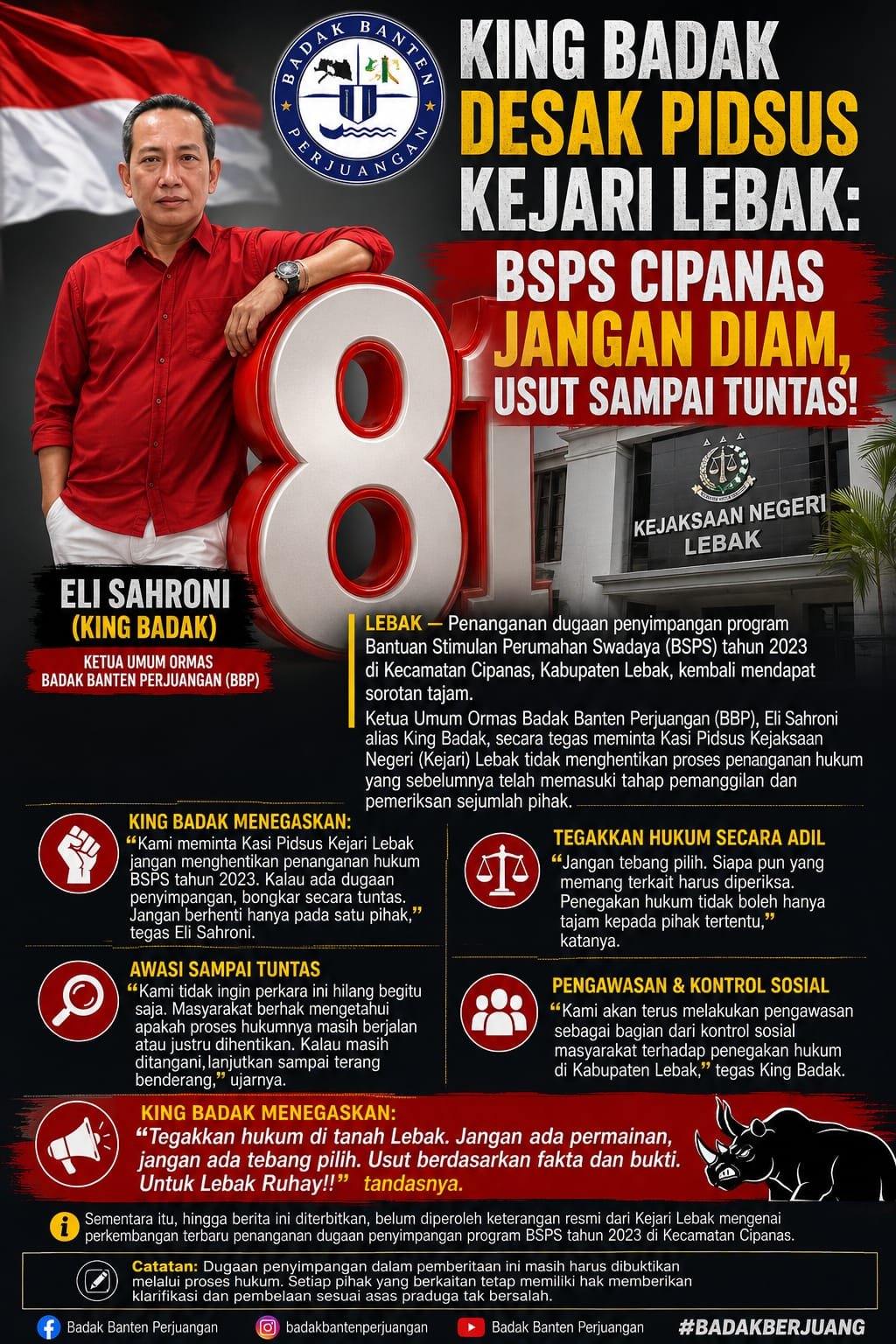 King BadakDesak Pidaus Kejari Lebak : BSPS Cipanas Jangan Diam, Usut Sampai Tuntas