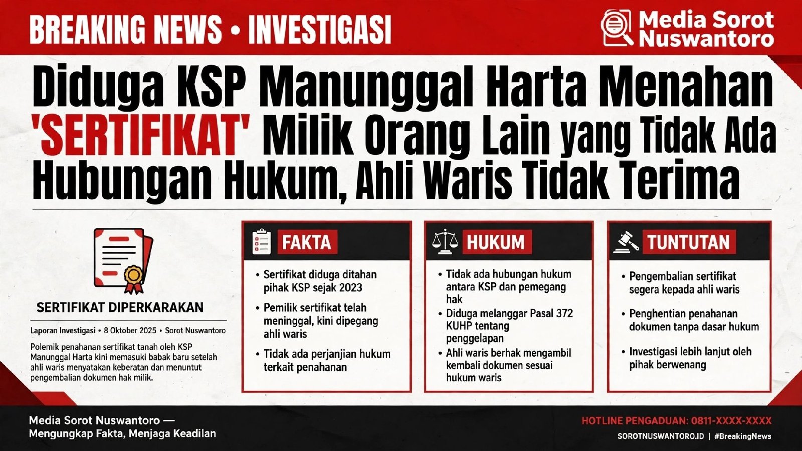 Diduga KSP Manunggal Harta Menahan Sertifikat Orang Lain Tanpa ada Latar Belakang Hubungan Hukum